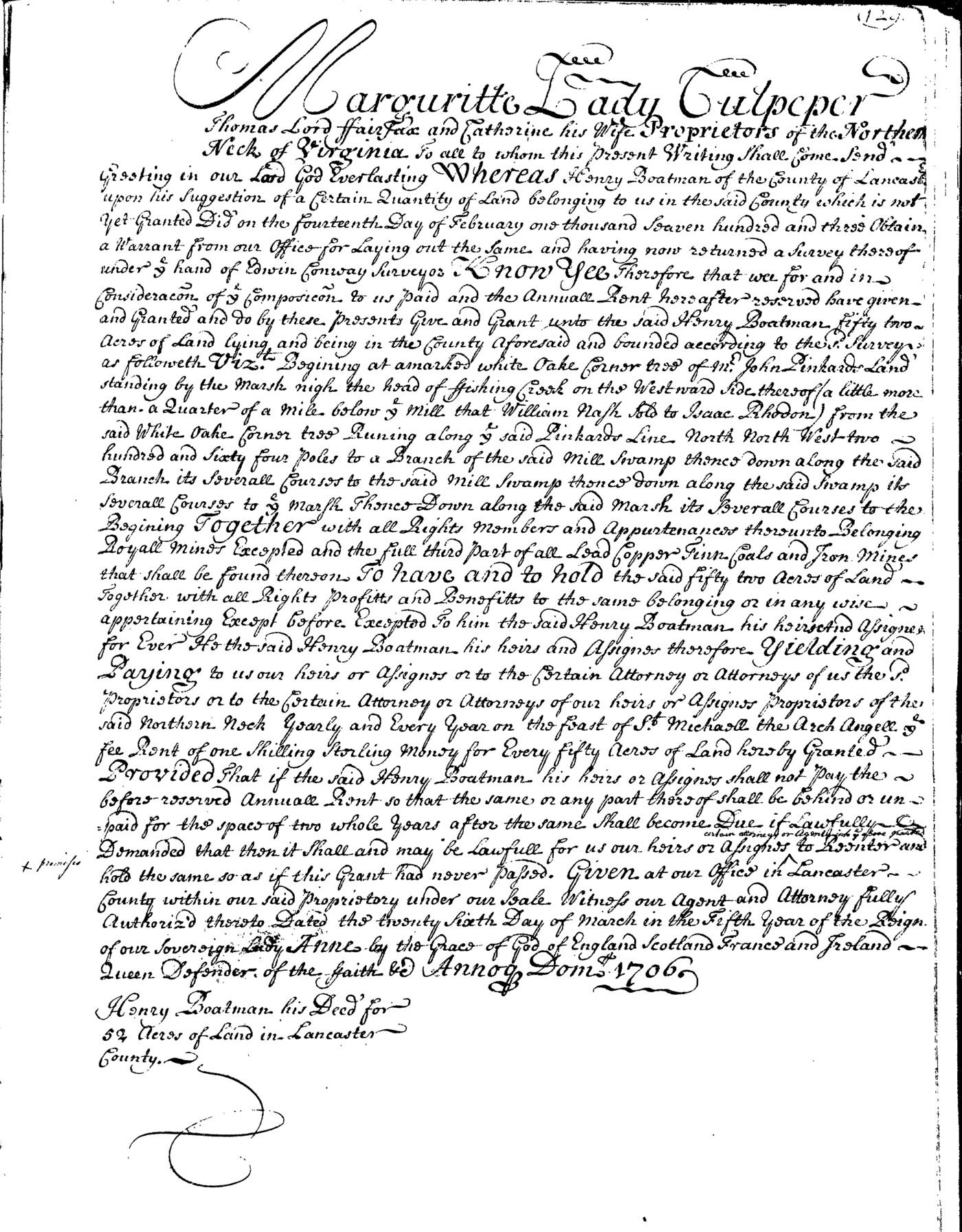 1706 Land Grant from the Library of Virginia